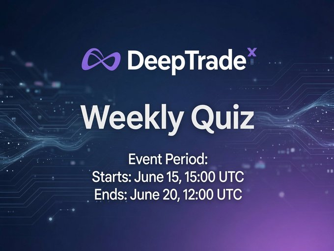 The image shows a banner with an advertisement for DeepTradeX Weekly Quiz featuring images of circuits and lines, which could represent the trading process or market trends. The main content of the advertisement suggests that the quiz contains some questions related to trading or investing. This information is presented in white text on the banner, providing details about the event period, starts date, ends date, and how much money has been won by the participants who have already taken the quiz.