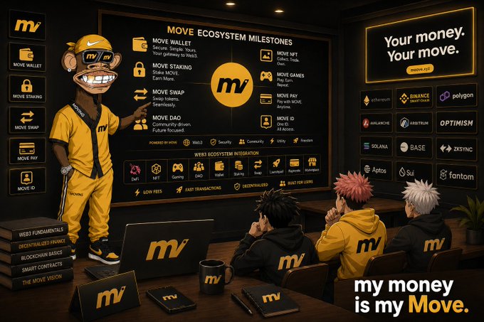 A yellow-clad mascot presents a "MOVE ECOSYSTEM MILESTONES" whiteboard detailing MOVE Wallet, Staking, Swap, DAO, NFT, and integration with networks like Ethereum, Binance, Polygon, and Solana, while anime-styled attendees take notes in a room branded "my money is my move." The image visually reinforces the post's message by illustrating the comprehensive Web3 education session covering wallet access, staking, swaps, and ecosystem growth as foundational building blocks.