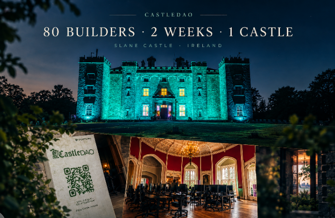 A promotional image for Castledao featuring Slane Castle in Ireland, with text 'CASTLEDAO', '80 BUILDERS · 2 WEEKS · 1 CASTLE', and a QR code labeled '@castledao'.
