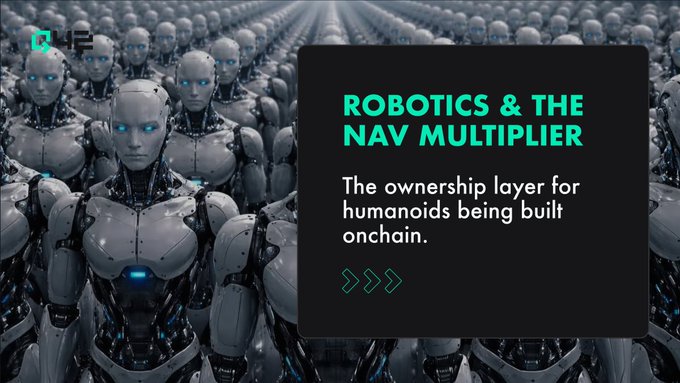 The image features a large group of robots standing next to each other with text overlaying them that reads "robots & the nav multiplier", which seems to be related to the topic of robotics or navigation. The background of the image is black, making the white text stand out prominently. There are no other objects in the image besides the robots and the text.