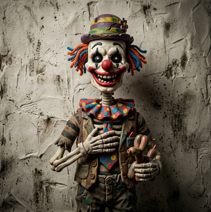 A creepy, weathered clown doll or sculpture with colorful yarn hair, a small purple and green top hat, a polka dot collar, and a red nose, holding a small balloon animal against a textured gray concrete wall.
