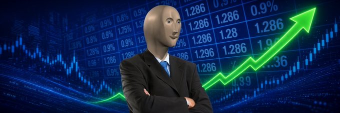 A faceless, expressionless figure in a dark suit and blue tie stands with arms crossed in front of a blue financial trading screen displaying numbers like "1.286," "1.28," and various percentages, with a bold green upward arrow cutting across the right side. The image humorously relates to the $STONKGUY Solana token banner, using the "stonks" meme aesthetic of a blank-faced businessperson watching markets numbers go up to reflect the community-driven, meme-coin nature of the project featured on Moby's profile.