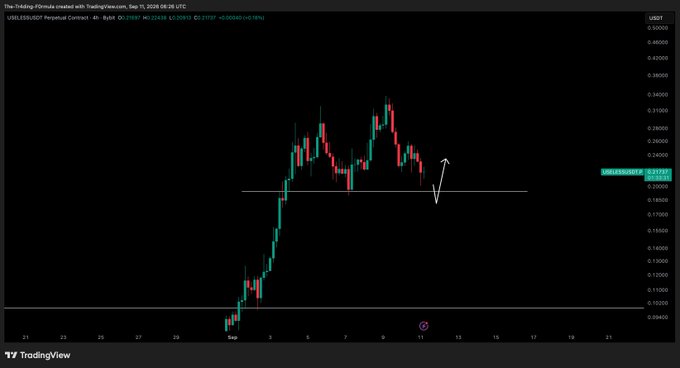 A TradingView 4-hour candlestick chart for USEL/USDT Perpetual Contract, showing price action with a white arrow annotation indicating potential upward movement around the 0.27000 USDT level.