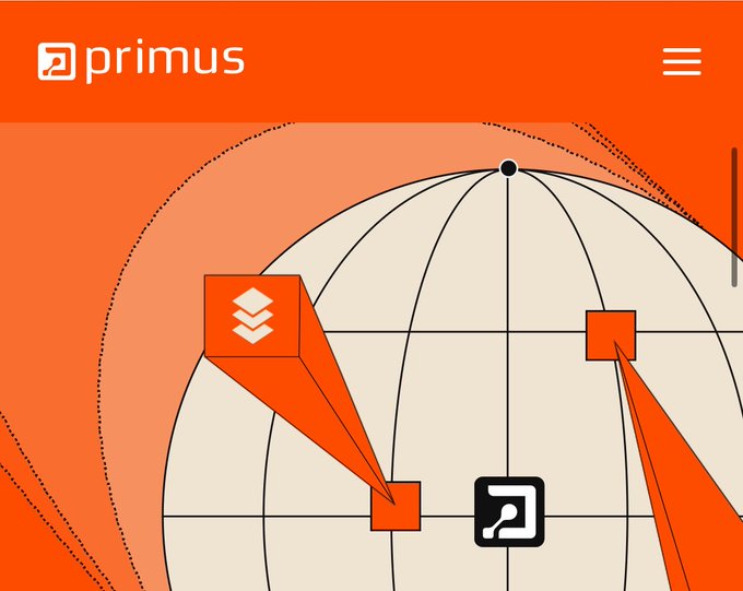 Orange-themed graphic with the text 'primus' featuring a globe with location pins, including one with a Tether logo.