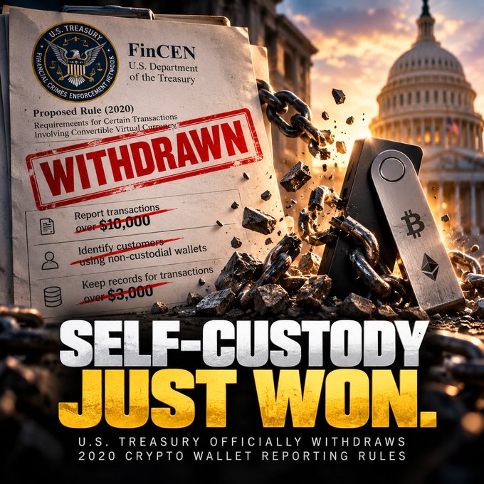 A promotional graphic announcing "SELF-CUSTODY JUST WON" with text stating "U.S. TREASURY OFFICIALLY WITHDRAWS 2020 CRYPTO WALLET REPORTING RULES", featuring a FinCEN document stamped "WITHDRAWN" and broken chains next to crypto hardware wallets.