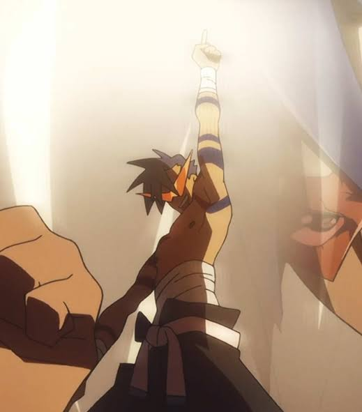 Anime-style illustration of a muscular, shirtless fighter with spiky dark hair, orange headband, and tiger-striped arm markings raising one fist toward a bright light, with another character partially visible on the right.