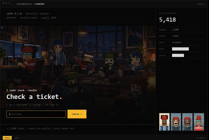 Screenshot of the zaddr 0.1.0 whitelist checker interface showing 'Check a ticket' input field, a pixel art illustration of cartoon characters in a lounge, and 5,418 applications for the orchard pool supply.