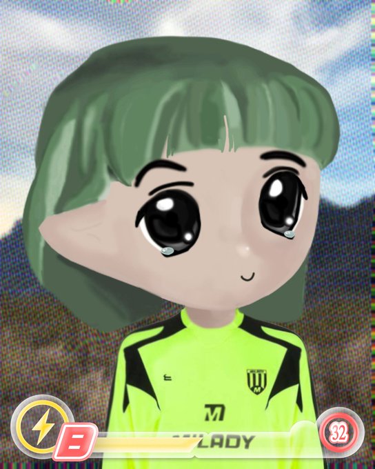 An animated avatar with green hair and a crying expression wears a neon green sports jersey labeled "LADY" and "77", with a level indicator showing "8" and "32".