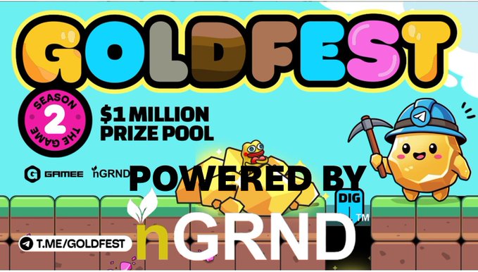 Colorful promotional banner for 'GOLDFEST SEASON 2' advertising a '$1 MILLION PRIZE POOL' powered by 'hGRND', featuring cartoon mining characters including one with a hard hat and pickaxe, with logos for Gamee and hGRND visible.