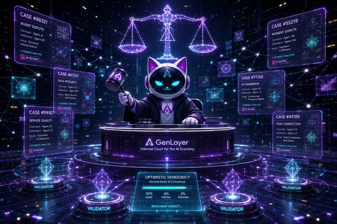 A futuristic digital courtroom scene shows an AI judge character (a cat-like figure in a hoodie) holding a gavel beneath glowing scales of justice, with holographic displays showing cases like 'CASE #88321 AGENT DISPUTE,' 'CASE #5219 PAYMENT DISPUTE,' and 'CASE #77102,' centered on a desk labeled 'GenLayer Internet Court for the AI Economy.' Validator nodes and an 'OPTIMISTIC DEMOCRACY' consensus progress bar showing 92% Agreement, 6% Pending, and 2% Disagree surround the scene in a neon-lit cybernetic environment.
