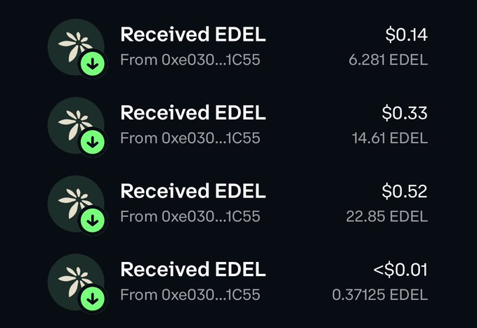 A mobile wallet screen showing four incoming 'Received EDEL' cryptocurrency transactions from wallet 0xe030...1C55, with amounts of 6.281, 14.61, 22.85, and 0.37125 EDEL.