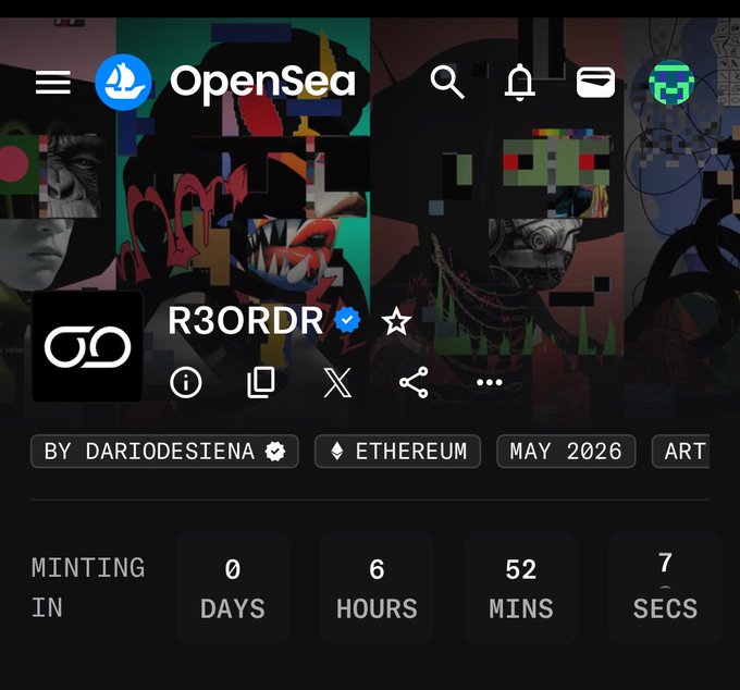The image features a poster with a picture of a man wearing a helmet and surrounded by various colored dots and numbers. The text on the poster reads "OpenSea R3ORDR", which refers to a social networking platform, while the surrounding numbers are not clear. The image also shows an open sign that reads "OPENSEA". The context suggests that this is related to some sort of online event or gathering.
