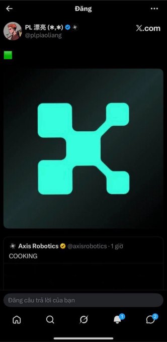 A mobile X (Twitter) post by @pipiaoliang featuring a green logo image from @axisrobotics with the caption 'COOKING'.