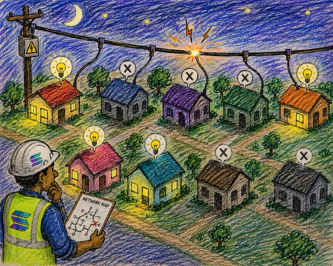 A Van Gogh-style illustration depicting a Solana engineer in a hard hat holding a network map, examining houses where some have lit bulbs (working connections) and others show X marks (failed connections), with lightning striking a power line at night.
