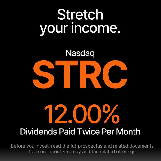 The image promotes Strategy’s Nasdaq-listed STRC preferred stock, highlighting a 12.00% yield and dividends paid twice monthly. It relates to the post confirming the $0.50-per-share semi-monthly dividend payment and noting that the next payment is due August 31.