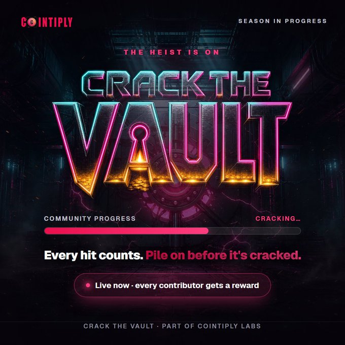 A neon-lit "CRACK THE VAULT" promotional graphic from Cointiply shows "THE HEIST IS ON" with a community progress bar at "CRACKING..." status, announcing that the live event rewards every contributor with a share of a real Bitcoin/Coin prize pool through their everyday activities like offers, surveys, and games.