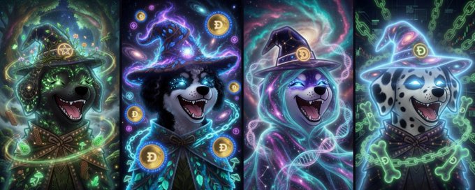 Four AI-generated fantasy illustrations of animals (a dog, a wolf, a bear, and a Dalmatian) wearing wizard hats and cloaks, surrounded by glowing magical effects and Bitcoin symbols.