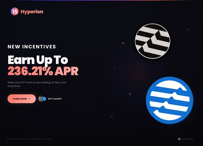 A promotional banner for 'Hyperion' advertising new incentives with the text 'Earn Up To 236.21% APR' and a 'FARM NOW' button, alongside APT/amAPT token options.