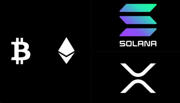 A graphic displaying the logos for Bitcoin (₿), Ethereum (Ξ), Solana (SOL), and XRP (X) on a black background, representing the major cryptocurrencies mentioned in the whale watching report tracking institutional capital shifts, where smart money absorbed supply in ETH, XRP, and SOL while BTC saw $61.53M in outflows.