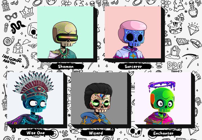 A graphic displaying five cartoon skeleton characters labeled 'Shaman', 'Sorcerer', 'Wise One', 'Wizard', and 'Enchanter', set against a background of mystical doodles including the phrase 'I AM GORGEL ARE YOU'.