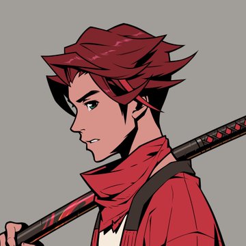 A side-profile illustration of a red-haired anime character carrying a katana over his shoulder, dressed in red attire with a scarf, matching the "Character Kit Elemental #14256" title as a stylish character concept design.