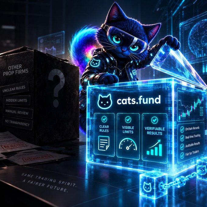 A digital illustration of a black cat wearing futuristic goggles and a high-tech jacket, standing beside a glowing blue box labeled 'cats.fund' that displays features like 'CLEAR RULES,' 'VISIBLE LIMITS,' and 'VERIFIABLE RESULTS,' contrasting with a dark box on the left labeled 'OTHER PROP FIRMS' with a question mark and tags like 'UNCLEAR RULES' and 'NO TRANSPARENCY,' with the tagline 'SAME TRADING SPIRIT. A FAIRER FUTURE.'