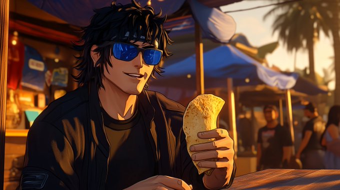 An anime-style illustration of a young man with messy black hair and blue sunglasses holding a wrapped food item at a sunlit outdoor market with tents and palm trees.