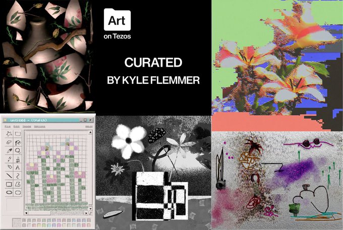 A collage of various digital artworks with the central text 'Art on Tezos CURATED BY KYLE FLEMMER.'