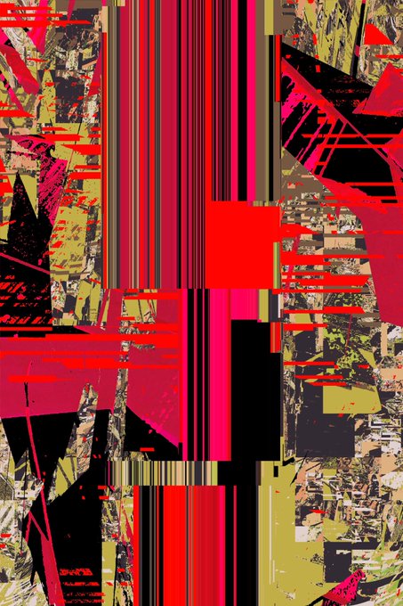 A chaotic abstract digital artwork featuring bold vertical stripes and fragmented geometric shapes in vibrant red, black, pink, yellow, and beige tones. The accompanying caption "1/1 — 75 xtz" likely indicates this is a one-of-one NFT artwork priced at 75 Tezos cryptocurrency.