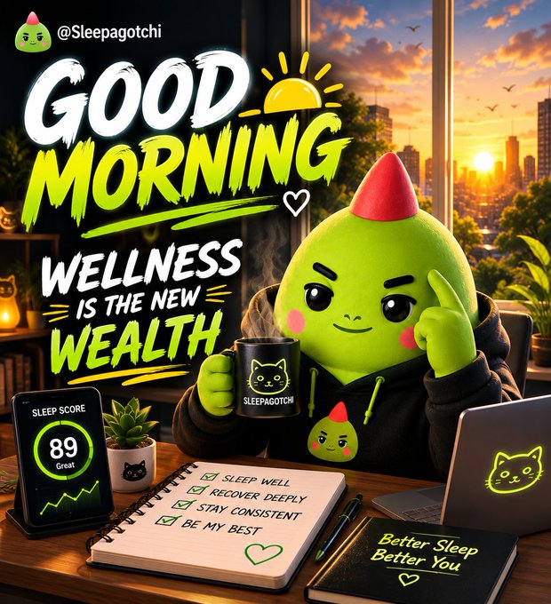 A promotional graphic for @Sleepagotchi featuring a green mascot character holding a coffee mug, with the text 'GOOD MORNING - WELLNESS IS THE NEW WEALTH' and a sleep score of 89.