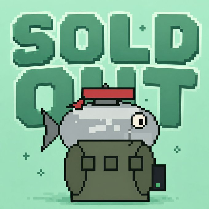 A pixel-art style illustration of a gray fish wearing a green military uniform and red beret, set against a mint green background with the bold text "SOLDOUT" displayed prominently behind it. The image visually reinforces the post's announcement that the NFT collection minted out quickly in 7 minutes by emphasizing the sold-out status with stylized, retro video game aesthetics.