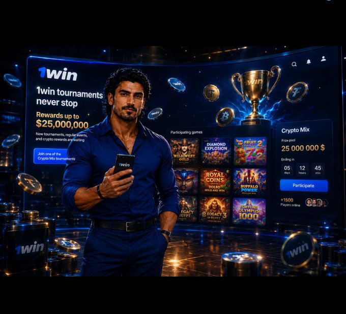 A 1win promotional banner featuring a man in a blue shirt holding a phone, with '1win tournaments never stop', 'Rewards up to $25,000,000', and a 'Crypto Mix' prize pool of 25,000,000 $.