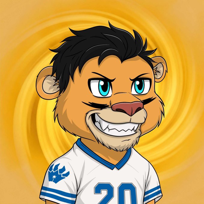 A cartoon-style anthropomorphic lion character with a black mane, blue eyes, and a toothy grin wears a white and blue sports jersey with the number 20 against a swirling yellow background.