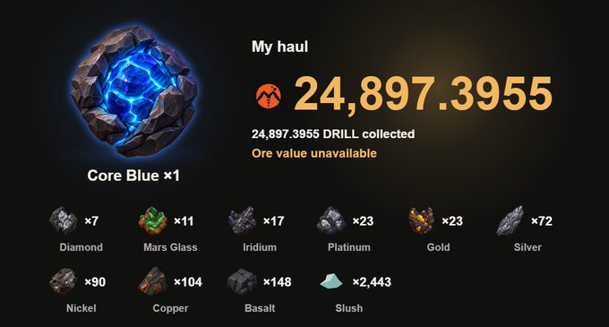 A video game inventory screen titled "My haul" showing 24,897.3955 DRILL collected, featuring a large "Core Blue x1" item and a list of resources including Diamond (x7), Mars Glass (x11), Iridium (x17), Platinum (x23), Gold (x23), Silver (x72), Nickel (x90), Copper (x104), Basalt (x148), and Slush (x2,443).