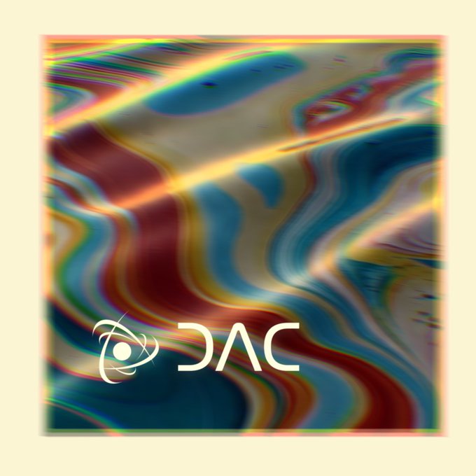 An abstract digital artwork with distorted, fluid waves of red, yellow, and blue colors, displaying the logo 'DAC' at the bottom center.