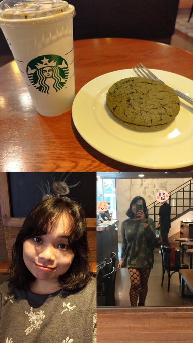 A collage of images showing a Starbucks iced drink and a green cookie, alongside two selfies of a young woman, one featuring pig filter stickers.