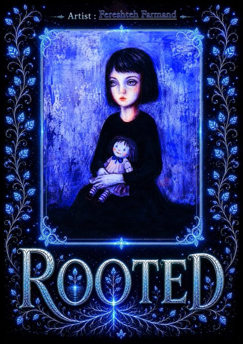 The image features a girl holding a doll, with the word "ROOTED" written above her head. The background of the image is blue, which complements the overall color scheme of the artwork. There are also some stars visible in the image, adding an artistic touch to the scene.