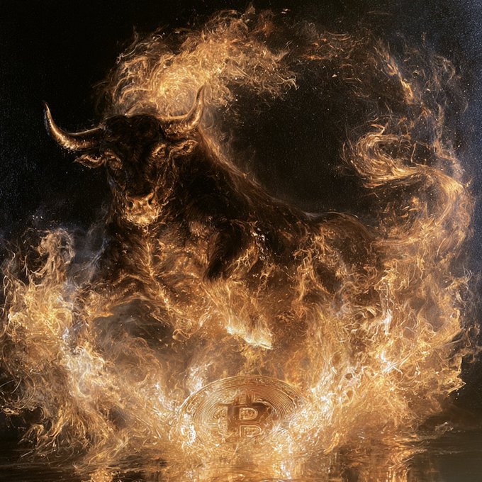 A dramatic digital artwork of a bull made of golden fire emerging from the darkness, with a glowing Bitcoin logo visible at the bottom center.