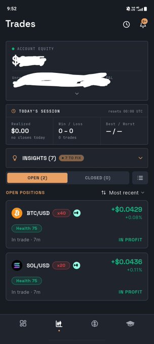 A mobile trading app screenshot showing a 'Trades' dashboard with account equity, today's session stats, and open positions for BTC/USD (+$0.0429) and SOL/USD (+$0.0436), both in profit.