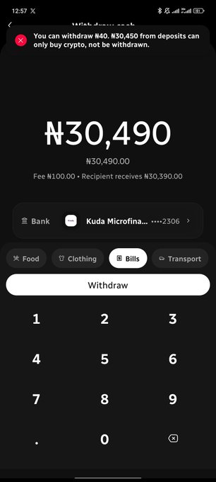A mobile banking app screen shows a withdrawal of ₦30,490 from Kuda Microfinance bank, with a note that only crypto can be purchased, not withdrawn, and category options for Food, Clothing, Bills, and Transport.