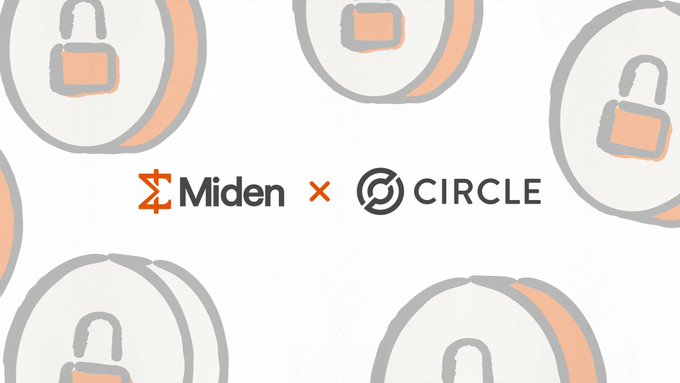 The image features the logos of "Miden" and "CIRCLE" side by side with an "x" between them, set against a background of illustrated padlock icons symbolizing privacy. This visually reinforces the partnership announcement that USDCx is bringing Circle's native stablecoin backing to Miden's privacy-first blockchain protocol.