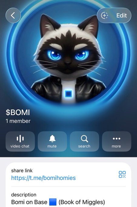 The image shows a phone screen with a chat window open, displaying a cat character from the $BOMI game. The chat window has a list of options for sharing links or descriptions about the game. There are two options available on this particular chat window - "share link" and "describe". The text in the image suggests that there is a post related to the $BOMI game, possibly discussing the game's progress or achievements.