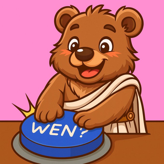 A cartoon brown bear with a sling presses a blue button labeled 'WEN!?' against a pink background.