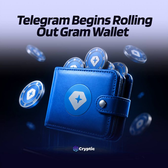 A promotional graphic from "Cryptic" featuring a blue wallet overflowing with digital Gram coins, headlined "Telegram Begins Rolling Out Gram Wallet" to visually reinforce the news of Pavel Durov launching the crypto wallet to Telegram's billion-plus users.