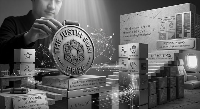 A black-and-white composite image shows Justin Sun holding a large coin labeled "THE JUSTIN SUN PRIZE," surrounded by stacked boxes, mathematical formulas, and references to "ALFRED NOBEL (1833-1896)" and "THE WAITING: 'NOBEL'S INVENTORY OF TASKS'." The imagery visually reinforces the accompanying text's manifesto about Sun proposing a Web3-era parallel to the Nobel Prize, redeeming Nobel's legacy of scientific patronage through on-chain incentives.