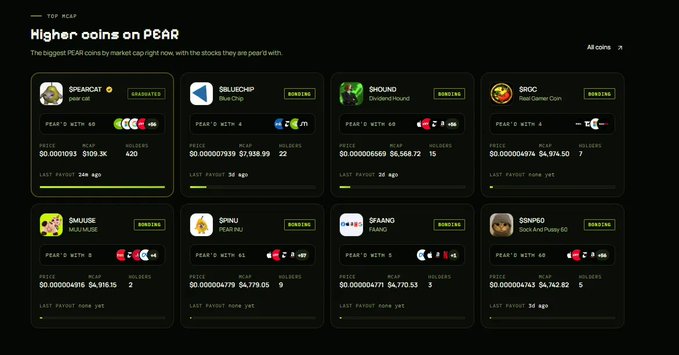 PEAR protocol page titled 'Higher coins on PEAR' displaying the top 8 biggest coins by market cap including SPEARCAT, SBLUECHIP, SHLUND, SBOG, SHAUG, SPING, SFANG, and BDWP0, all marked as 'GRADUATED' or 'BONDING'.
