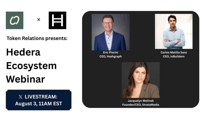 A promotional graphic for a 'Hedera Ecosystem Webinar' presented by Token Relations on August 3 at 11AM EST, featuring speakers Eric Piscini (CEO, Hashgraph), Carlos Matilla Sanz (CEO, ioBuilders), and Jacquelyn Melinek (Founder/CEO, StrataMedia).