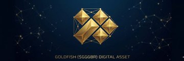 The image features a logo for a company named "GOLDFISH" with a gold background and a diamond shape containing four triangles, each pointing upwards. The text below the logo reads "Goldfish (GGBR) Digital Asset".