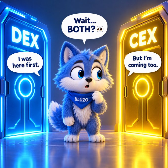 A 3D cartoon image of a blue wolf-like character named 'BLUZO' looking surprised, standing between a blue 'DEX' door saying 'I was here first' and a yellow 'CEX' door saying 'But I'm coming too.'