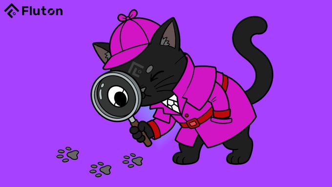 A cartoon illustration of a black cat dressed as a detective, wearing a pink trench coat and deerstalker hat, examining paw prints with a magnifying glass against a purple background with the "Fluton" logo.